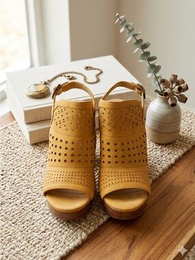 Jasmine Mustard Perforated Peep-Toe Wedge Sandals